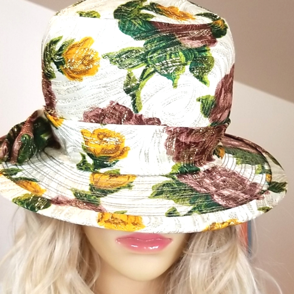 60's Vtg Union Made Cream Floral Shabby Lurex Quirky Spring Garden Church Hat - Picture 2 of 16